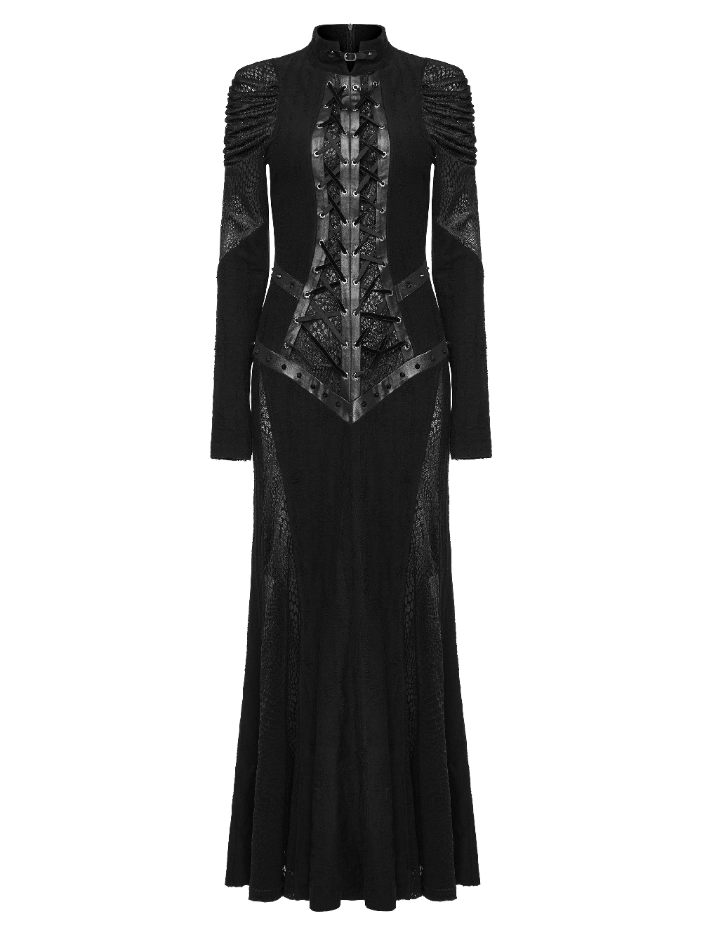 Gothic Decadence Lace-Up Mesh Dress featuring pleated sleeves and faux leather accents for a striking look.